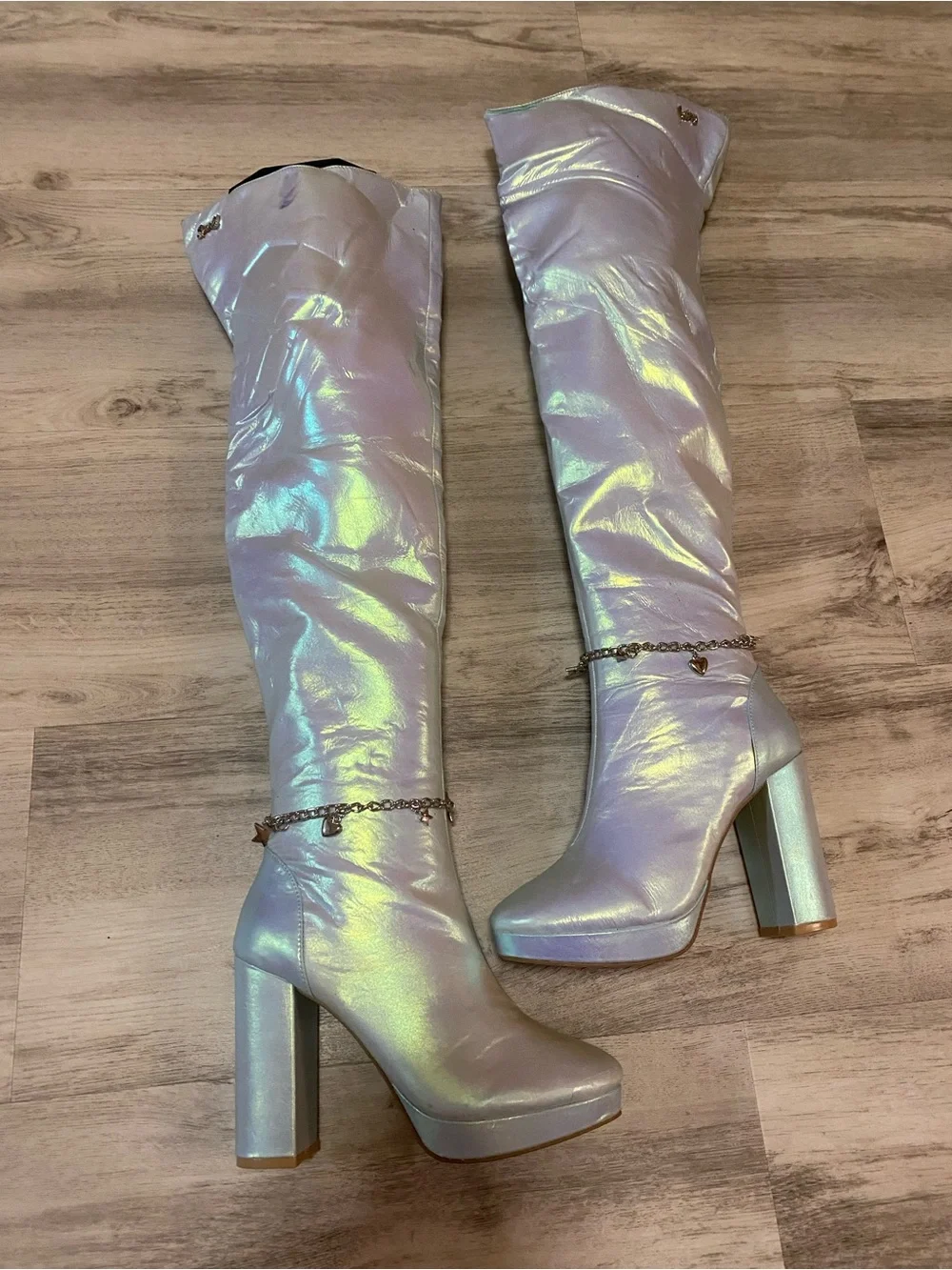 Sparkl Fairy Couture Iridescent Knee-High Platform Boots with Heart Chain- NWT